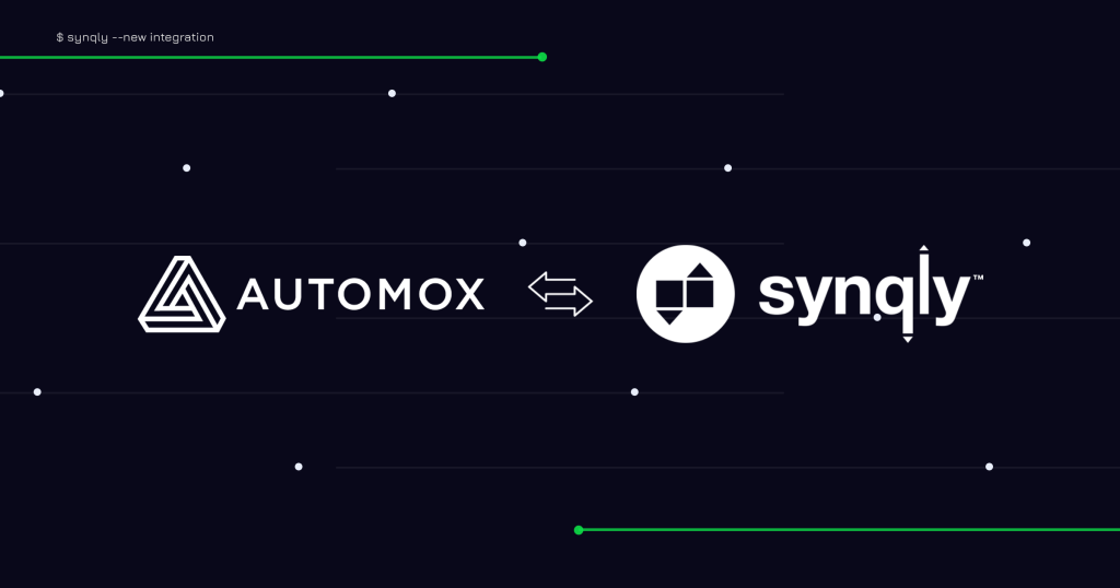 Automox logo on the left, connected to the syngly logo by a double-arrow icon on a dark background.