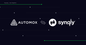 Automox logo on the left, connected to the syngly logo by a double-arrow icon on a dark background.
