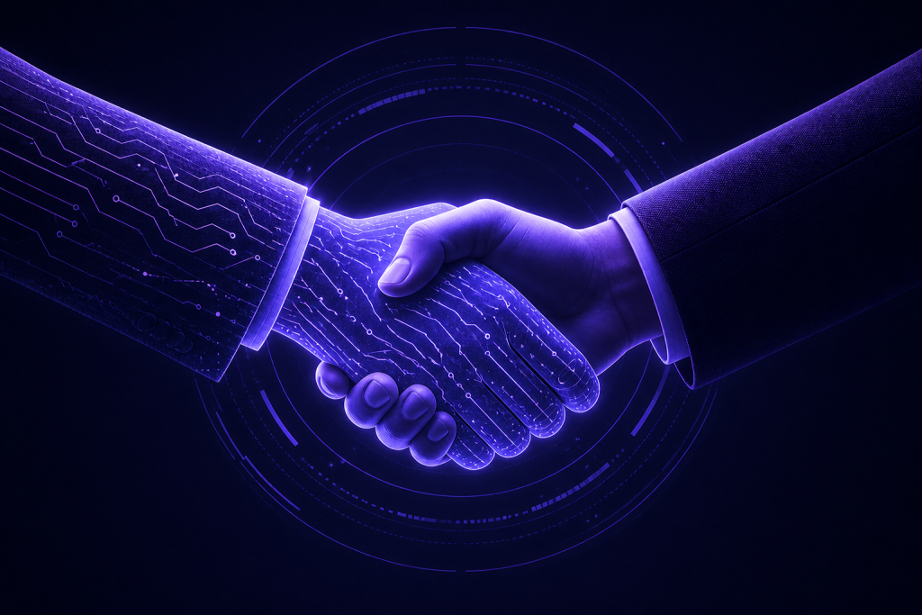 Handshake between two people with holographic circuit patterns, symbolizing tech collaboration