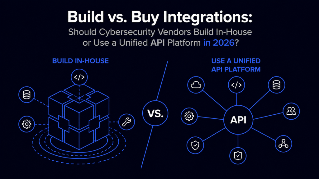 Infographic comparing 'Build In-House' vs. 'Use a Unified API Platform' for cybersecurity integrations, with a central 'VS' and connected icons on each side.
