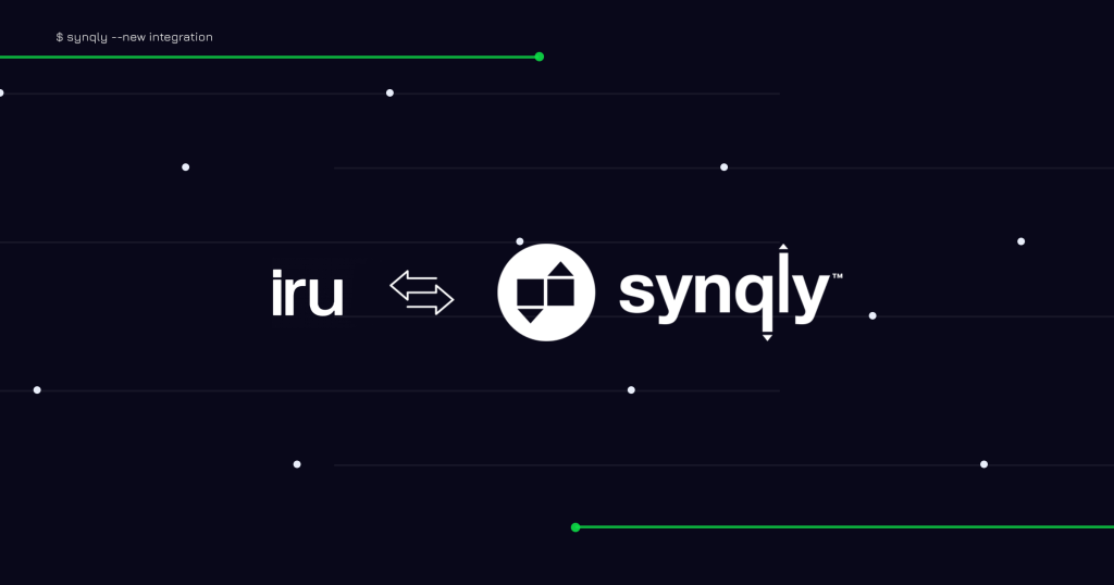 Brand logo sequence: 'iru' on the left, bidirectional arrows, a circular geometric icon, then 'synly' on the right.