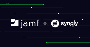 Dark background with large white Jamf logo on the left, a double-headed arrow icon in the middle, a circular emblem, and the wordmark to the right, illustrating an integration between Jamf and another service.