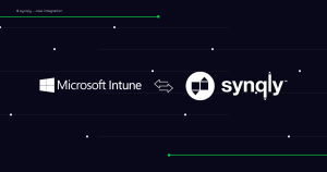 Microsoft Intune and Synology logos with a two-way arrows icon, indicating integration between platforms.