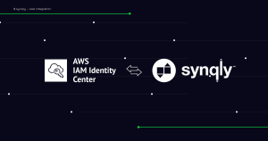 Dark banner featuring AWS IAM Identity Center logo (cloud with key) on the left, a circular geometric icon in the center, and the word 'syngly' on the right.