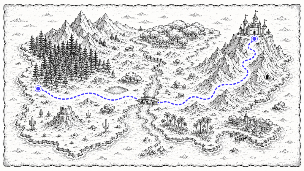 Whimsical treasure map showing a blue dotted route from a pine forest on the left, across a bridge, through mountains to a castle on a cliff.
