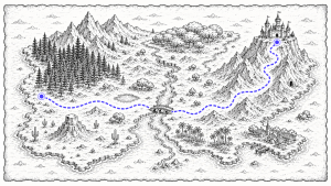 Whimsical treasure map showing a blue dotted route from a pine forest on the left, across a bridge, through mountains to a castle on a cliff.