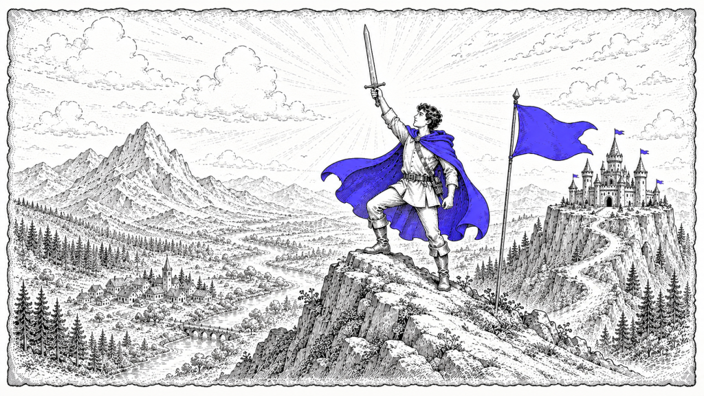 A knight on a rocky summit raises a sword, blue cape billowing, with a distant castle on a hill and a forested valley below.