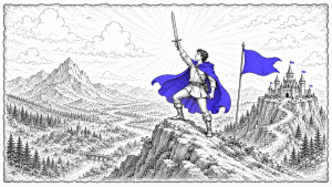 A knight on a rocky summit raises a sword, blue cape billowing, with a distant castle on a hill and a forested valley below.