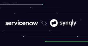 Promo banner showing a new integration between ServiceNow and Synqly with logos on a dark background.